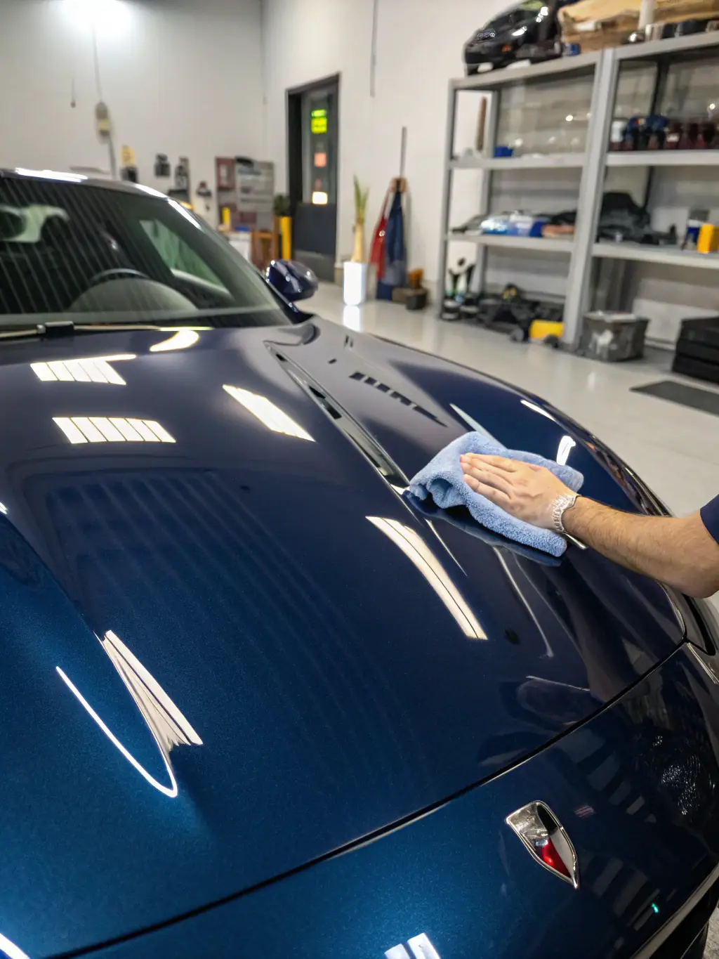 An image of a technician polishing the exterior of a car, emphasizing the shine and protection provided by Upper Valley Direct Service and Repair LLC's exterior detailing service.