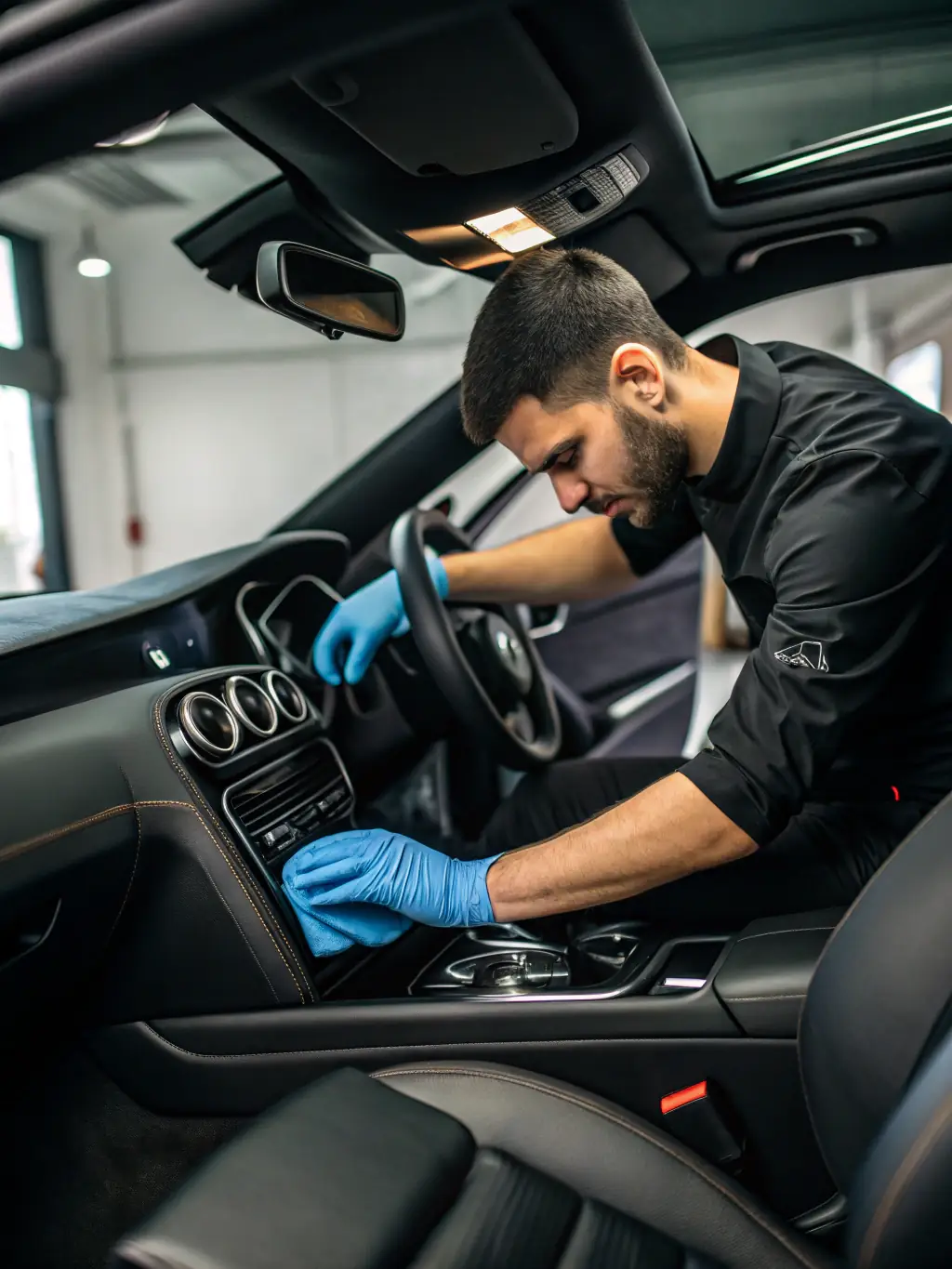 A detailed shot of a car's interior being meticulously cleaned, highlighting the attention to detail in Upper Valley Direct Service and Repair LLC's vehicle detailing service.