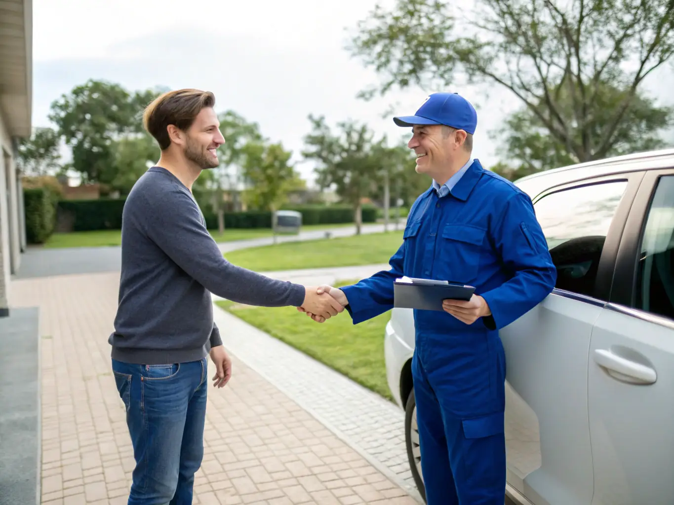 A photo showcasing a customer happily interacting with a mechanic during an on-site service appointment, emphasizing the personalized experience.