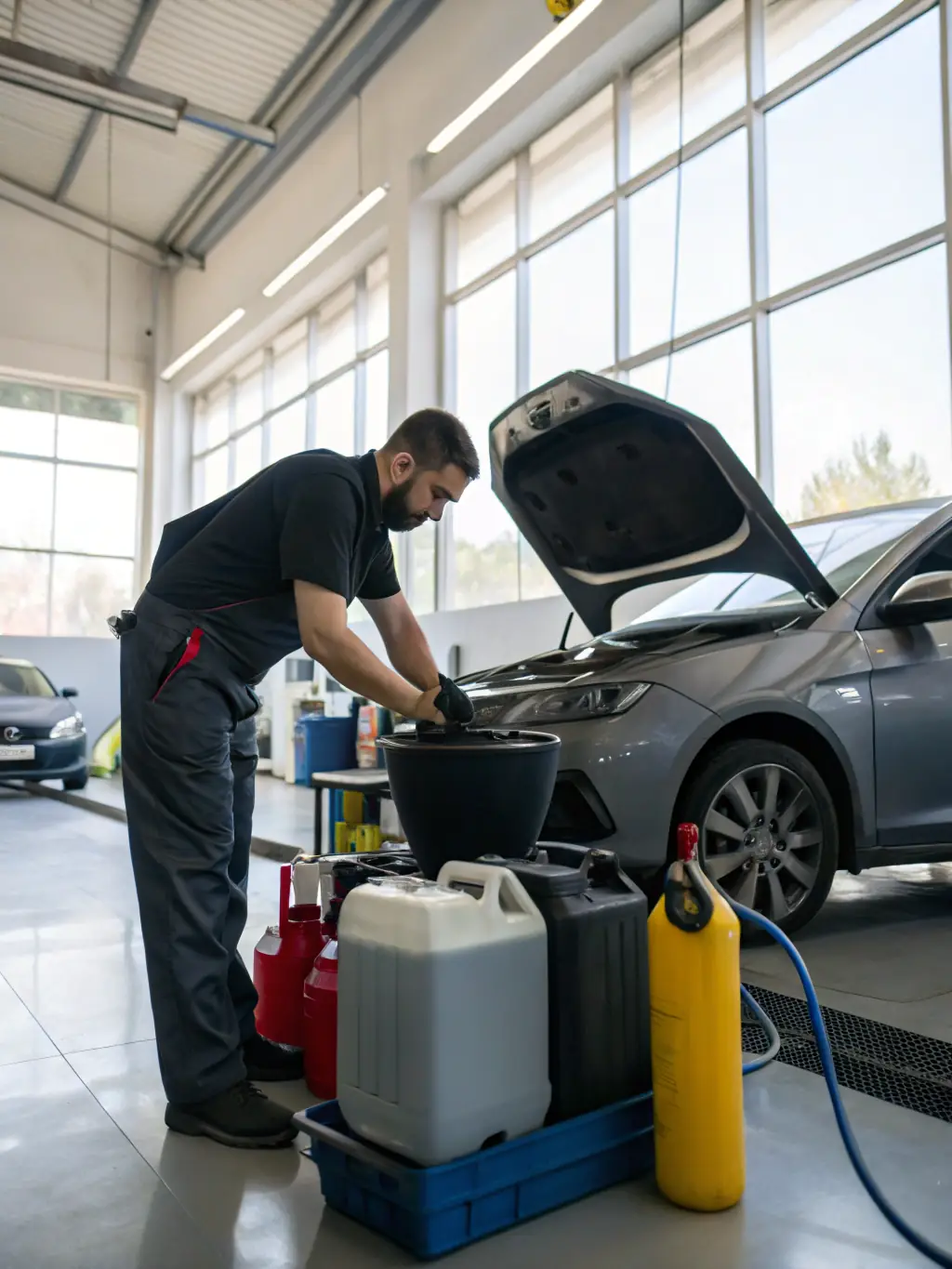 A close-up shot of a mechanic's hands expertly performing an oil change on a vehicle in a well-equipped mobile workshop setting.