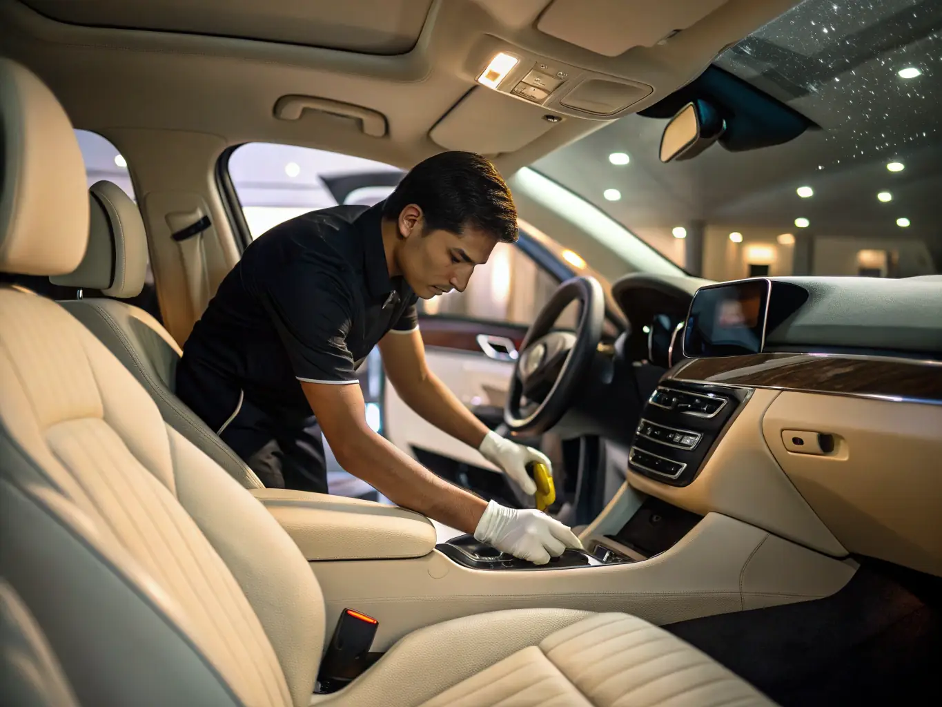 A professional technician meticulously detailing the interior of a car inside the Upper Valley Direct Service and Repair LLC mobile workshop, showcasing the attention to detail and care provided during the service.