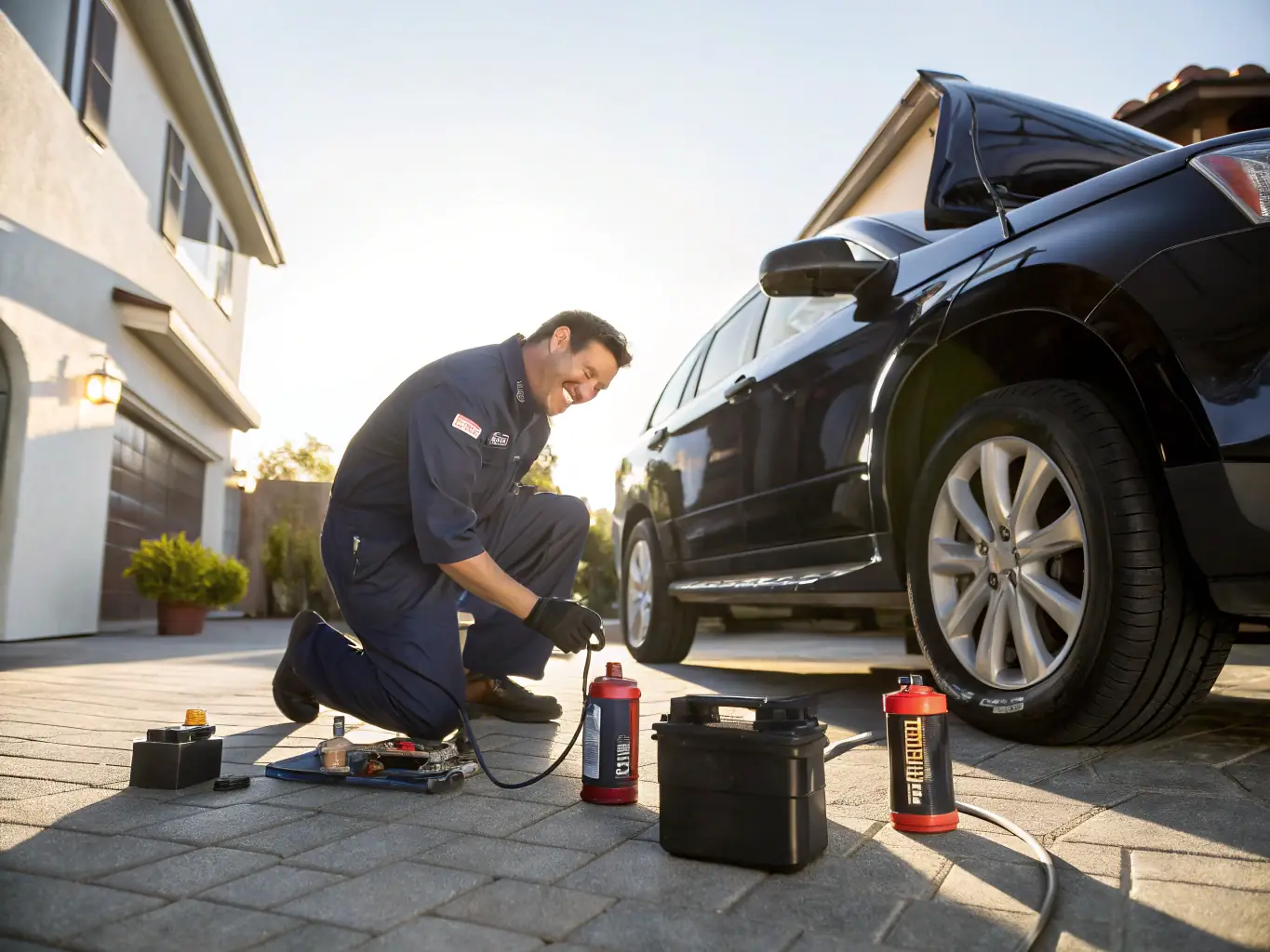 A Upper Valley Direct Service and Repair LLC mobile workshop van parked in front of a customer's home, with a technician performing an oil change on the vehicle, highlighting the convenience and on-site service.