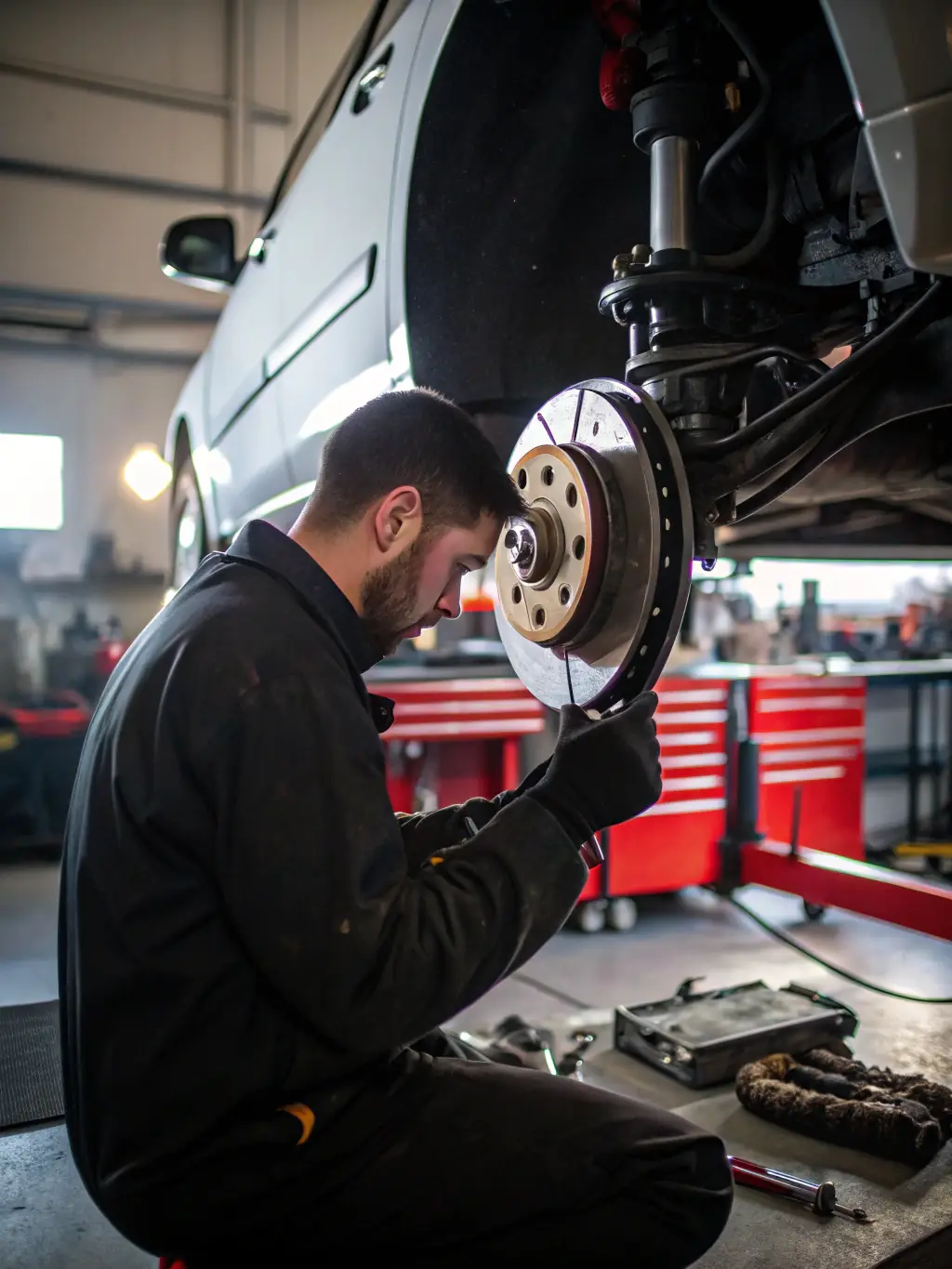 A mobile mechanic replacing brake pads on a car, emphasizing the convenience of on-site brake services.