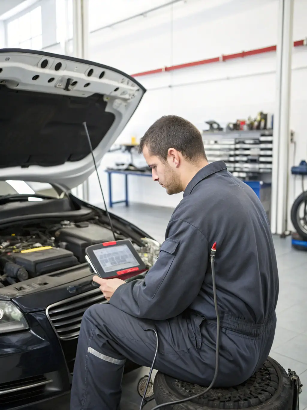 A technician using diagnostic equipment to troubleshoot a car's engine problem inside the mobile workshop.