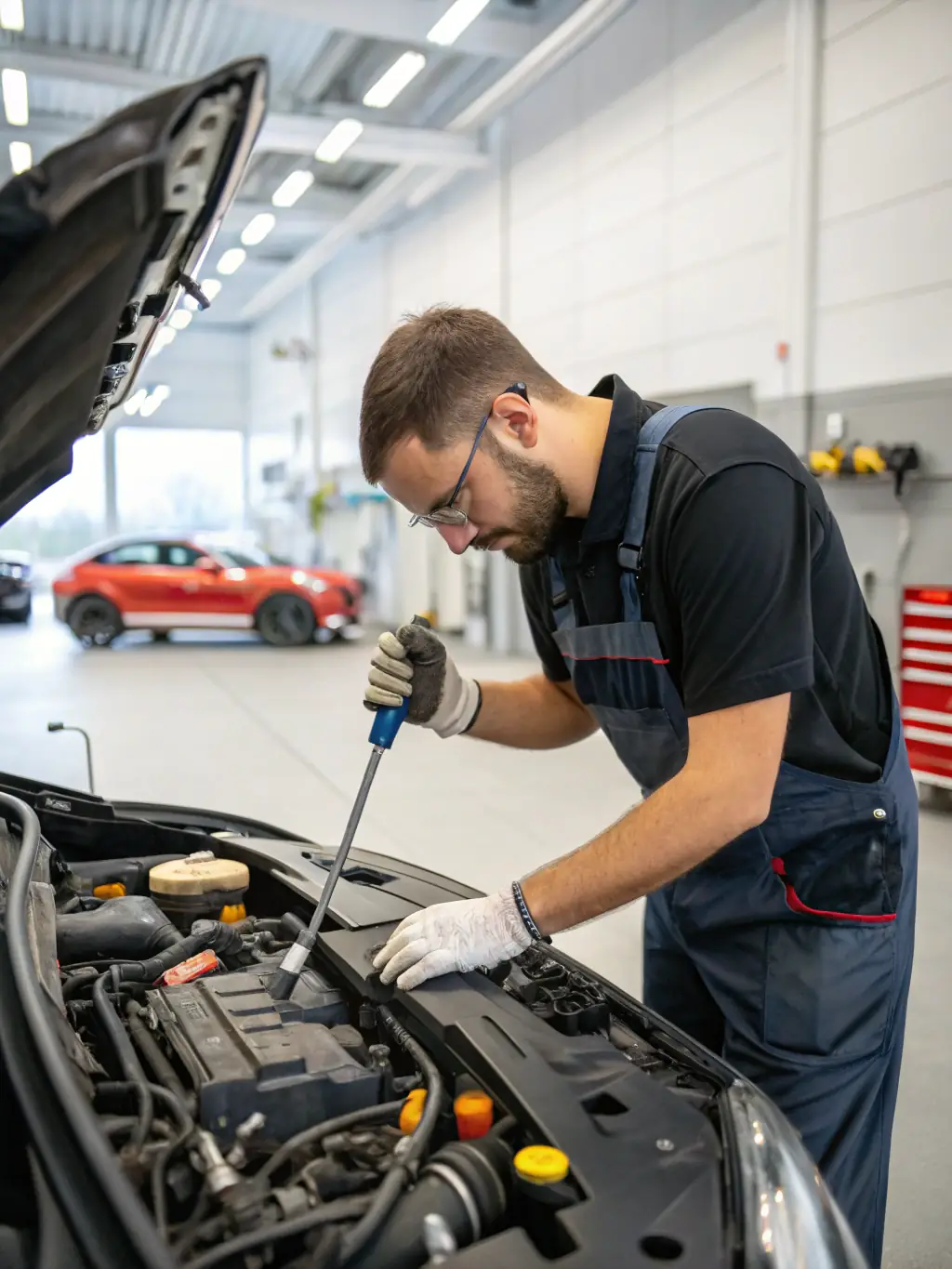 A close-up shot of a mechanic's hands expertly working on an engine inside a vehicle, showcasing the precision and skill involved in engine diagnostics and repair.