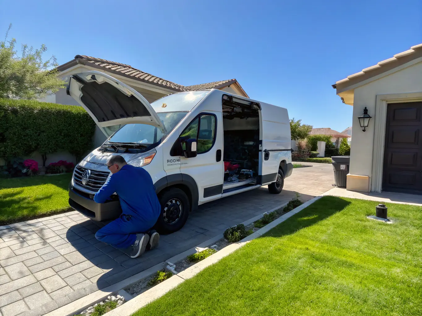 A high-quality photo of a mechanic working on a car in a driveway, showcasing the convenience of on-site service.