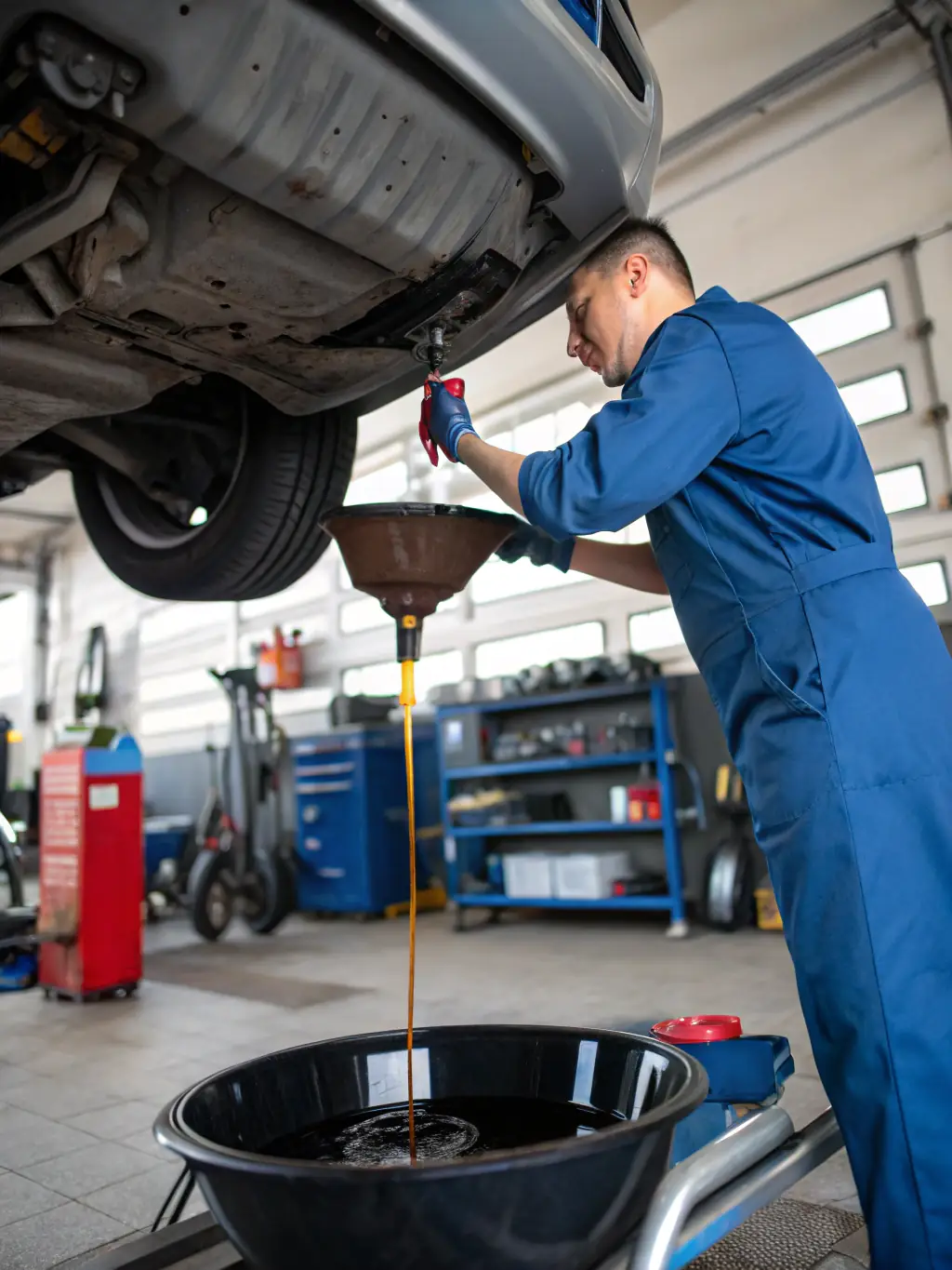 A technician performing an oil change on a vehicle, illustrating the routine maintenance services that keep vehicles running smoothly.