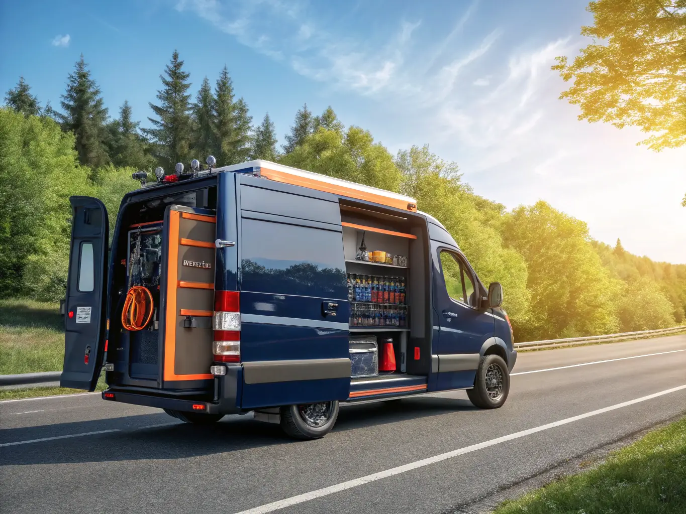 A professional image of a fully equipped mobile workshop van, highlighting the comprehensive tools and equipment available on-site.