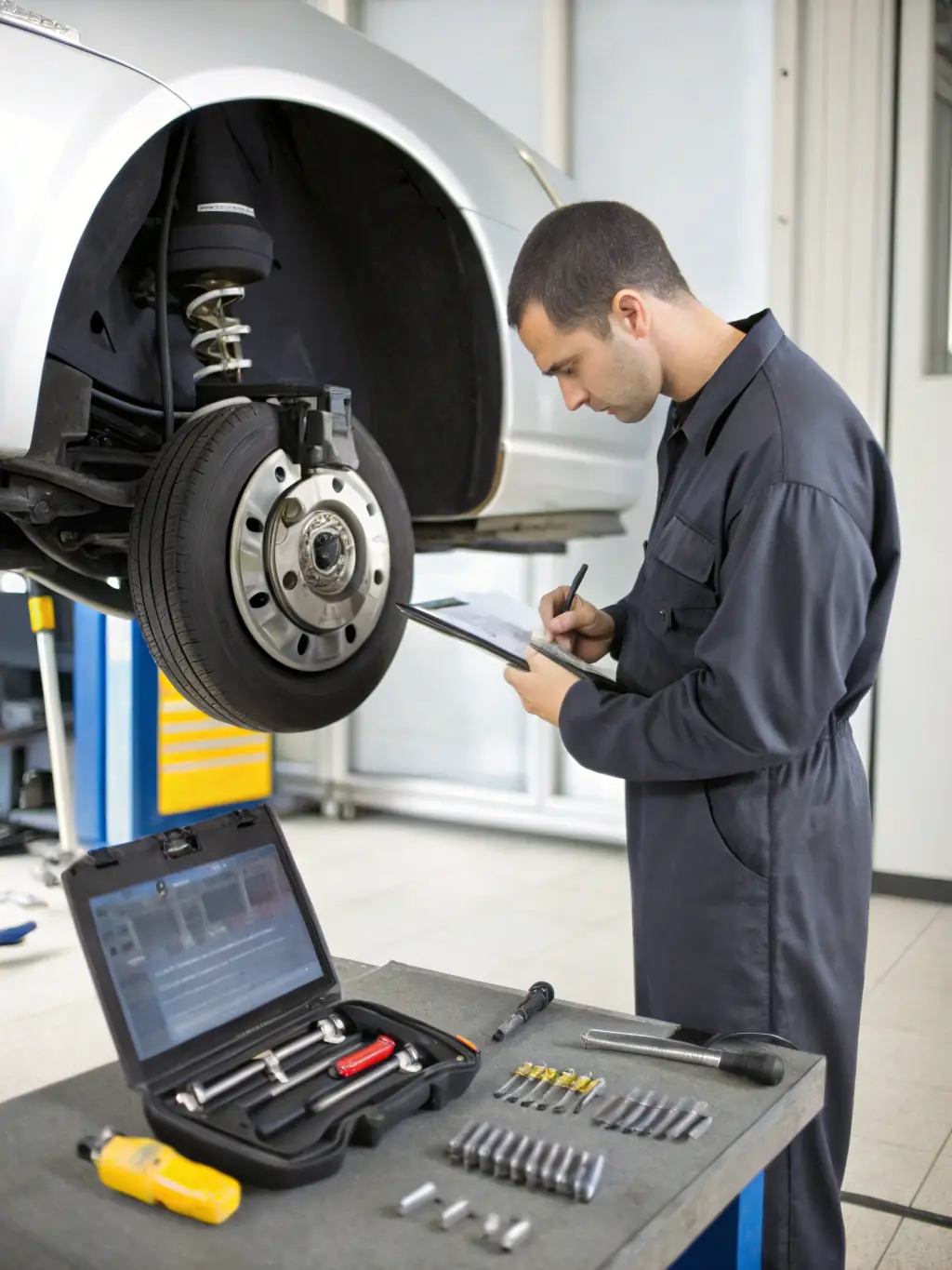 A mechanic replacing brake pads on a car, emphasizing the importance of brake maintenance for vehicle safety and performance.